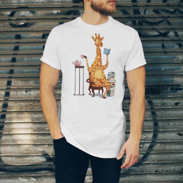 Giraffe Reading Tea Books Coffee Book Lover Graphic Unisex Jersey T-Shirt