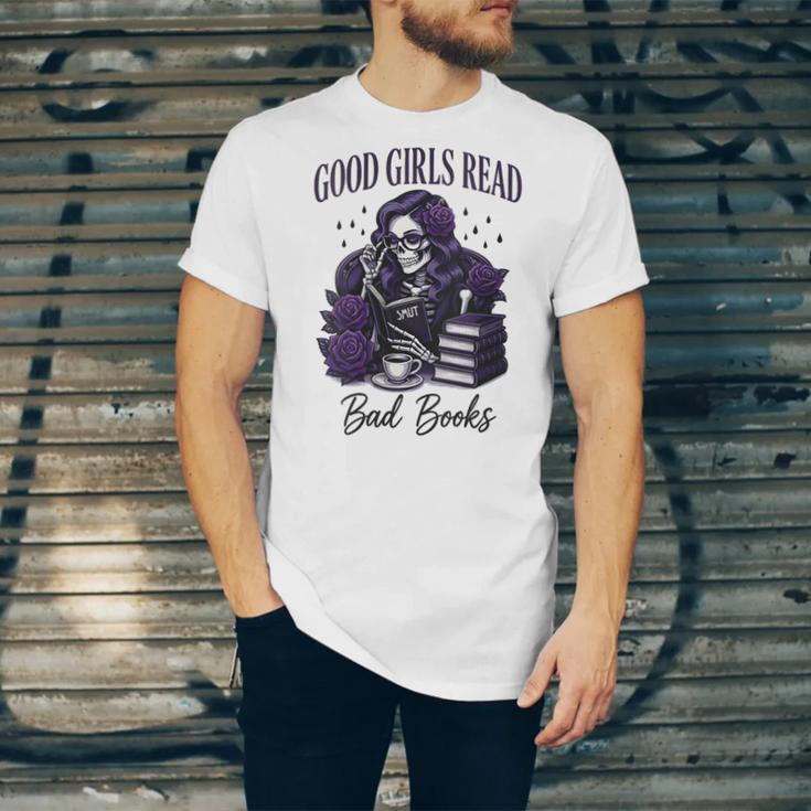 Good Girls Read Bad Books Sarcastic Skeleton Goth Skull Unisex Jersey T-Shirt