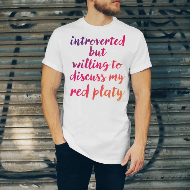 Introverted Willing To Discuss Red Platy Introvert Unisex Jersey T-Shirt Introverted Willing To Discuss Red Platy Introvert Unisex Jersey T-Shirt