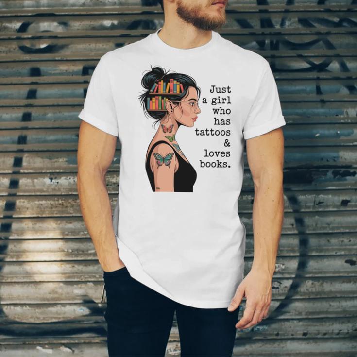 Just a Girl Who Has Tattoos And Love Books Tattooed Inked Unisex Jersey T-Shirt
