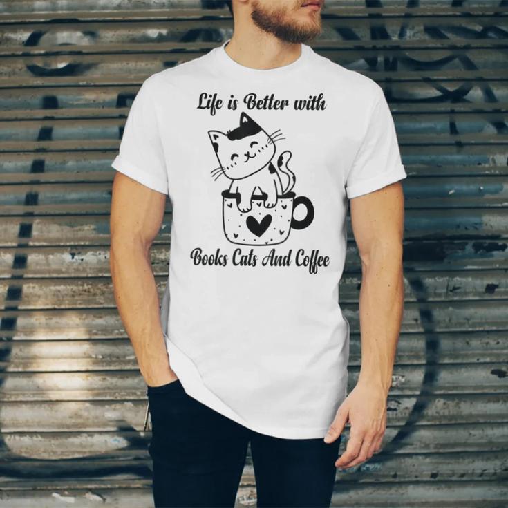 Life Is Better With Books Cats And Coffee Shirt Unisex Jersey T-Shirt