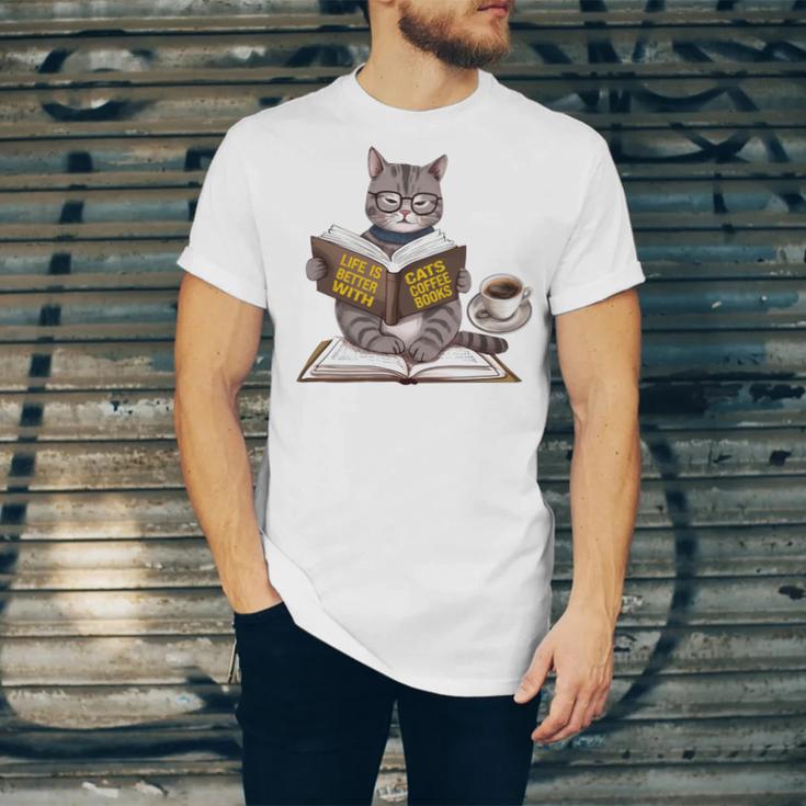 Life Is Better With Cats Coffee Books Cat Reading Book Unisex Jersey T-Shirt