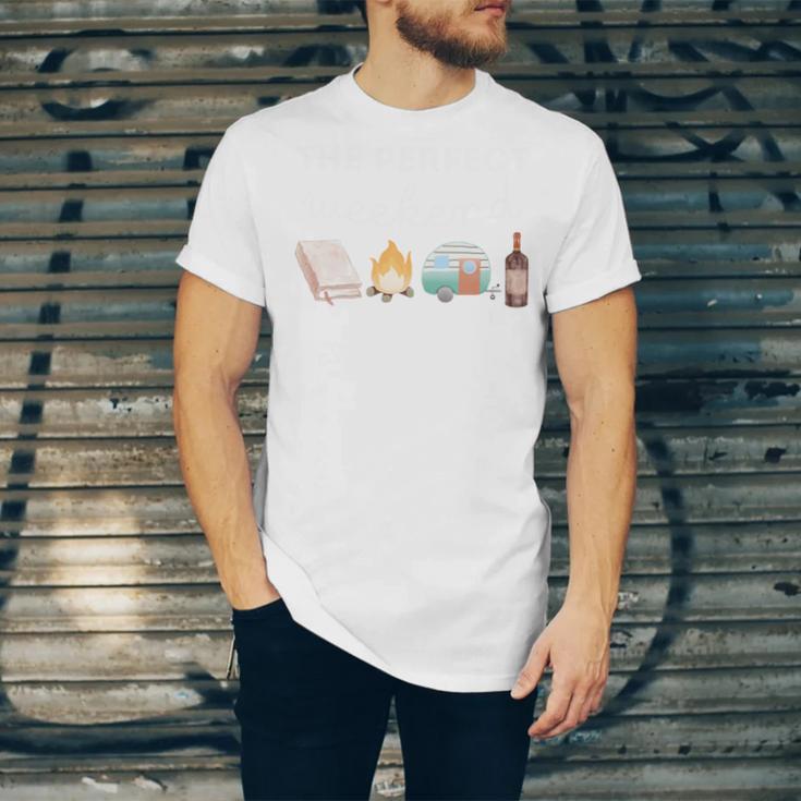 The Perfect Weekend Camping Essentials Wine Books Campfire Unisex Jersey T-Shirt The Perfect Weekend Camping Essentials Wine Books Campfire Unisex Jersey T-Shirt