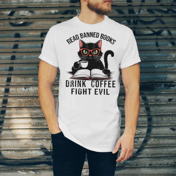 Read Banned Books Drink Coffee Fight Evil Retro Cat Unisex Jersey T-Shirt