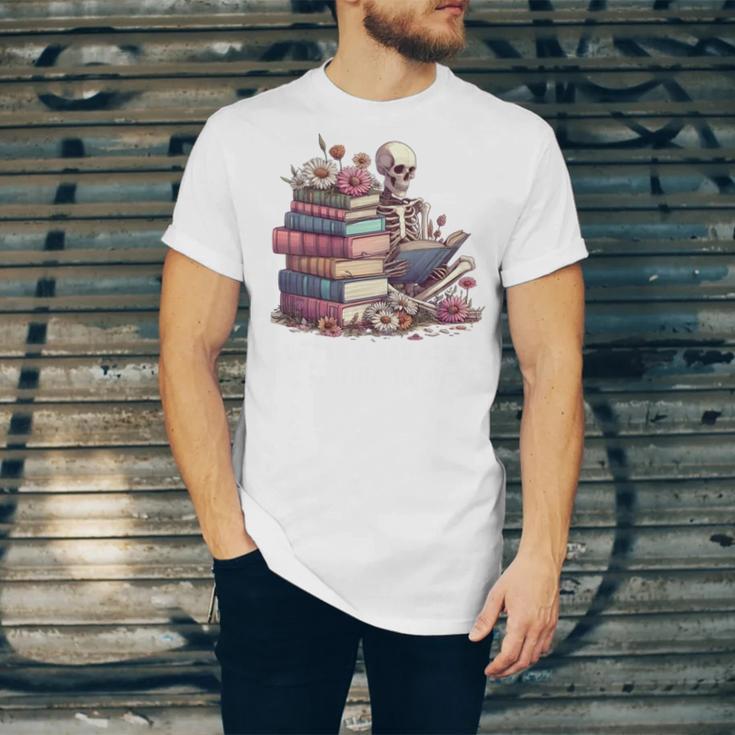 Reading A Book Per Day Keeps Reality Away Skeleton Books Unisex Jersey T-Shirt