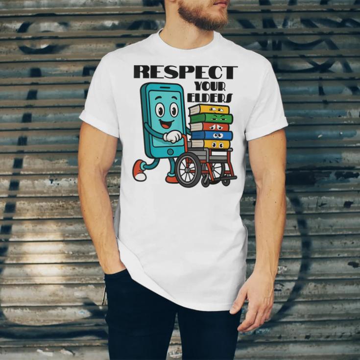 Respect Elders Cellphone Pushing Books In a Wheelchair Unisex Jersey T-Shirt