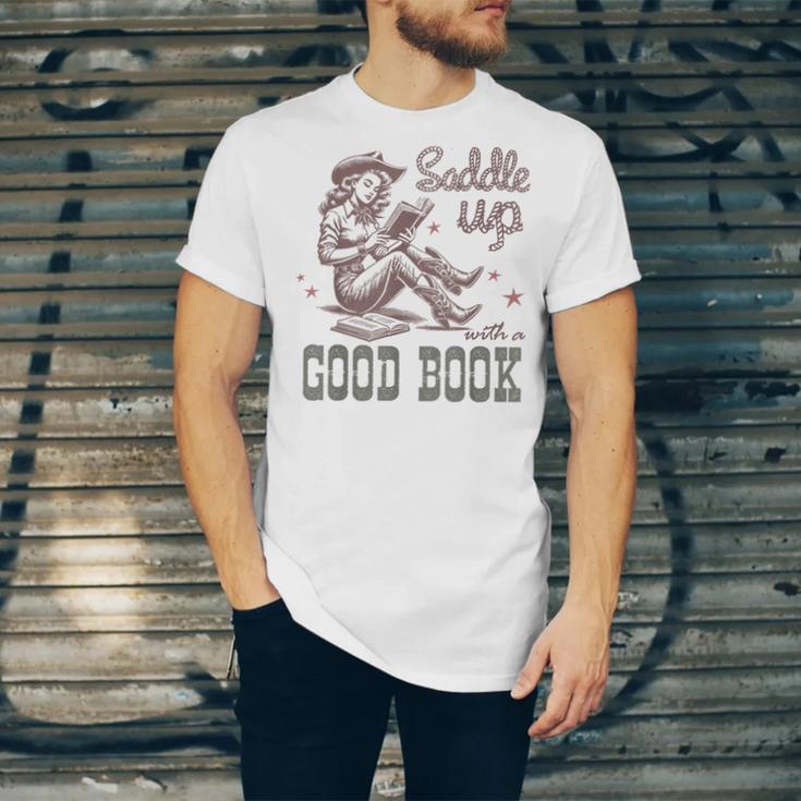 Retro Cowgirl ReadingTee Saddle Up With A Good Book Western Unisex Jersey T-Shirt