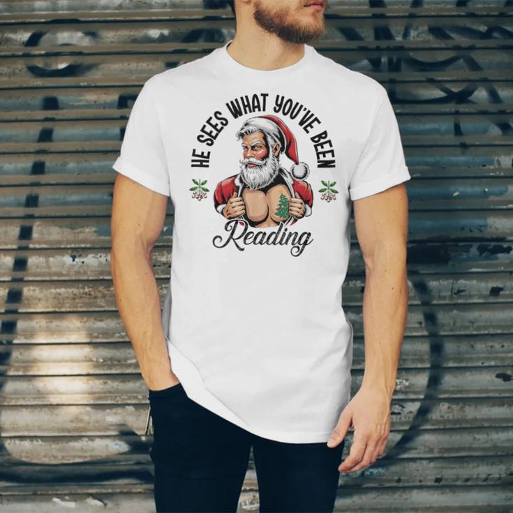 He Sees What You'Ve Been Reading Santa Xmas Book Lover Unisex Jersey T-Shirt