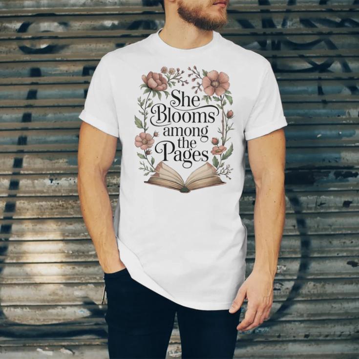 She Blooms Among The Pages Women Mom Wife Floral Book Lover Unisex Jersey T-Shirt