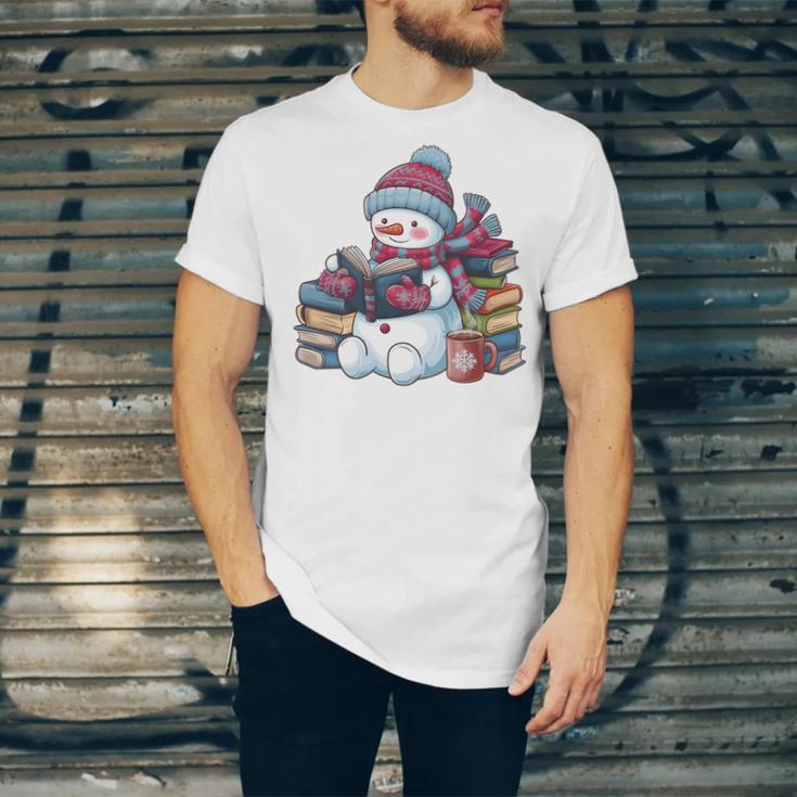Snowman Reading Book Lovers Christmas Bookworm Librarian Unisex Jersey T-Shirt