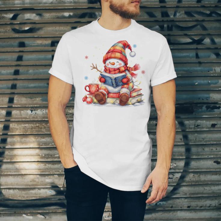 Snowman Reading Books Lovers Christmas Librarian Bookworm Unisex Jersey T-Shirt