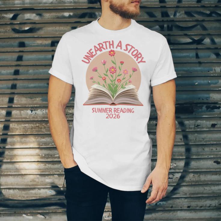 Unearth a Story 2026 Summer Reading Program Flowers Book Premium Tri-Blend Unisex Jersey T-Shirt