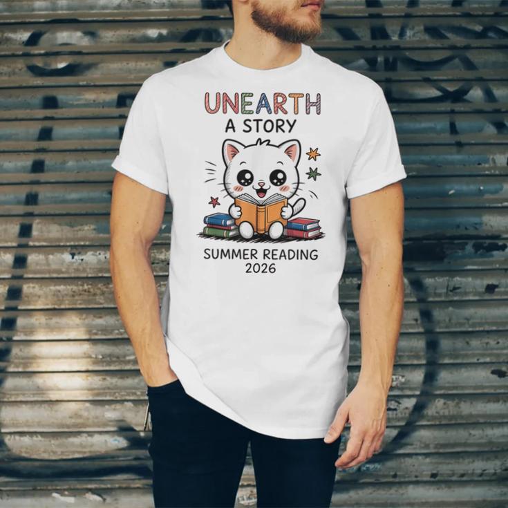 Unearth a Story Cute Kitten Summer Reading 2026 Cat Book Unisex Jersey T-Shirt Unearth a Story Cute Kitten Summer Reading 2026 Cat Book Unisex Jersey T-Shirt