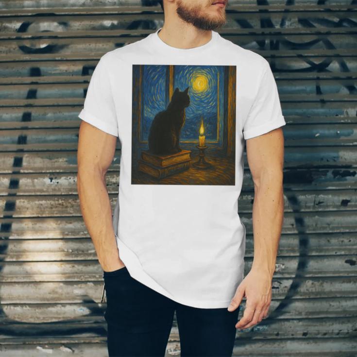 Van Gogh Starry Night Art Cat And Book Lovers Premium Tri-Blend Unisex Jersey T-Shirt