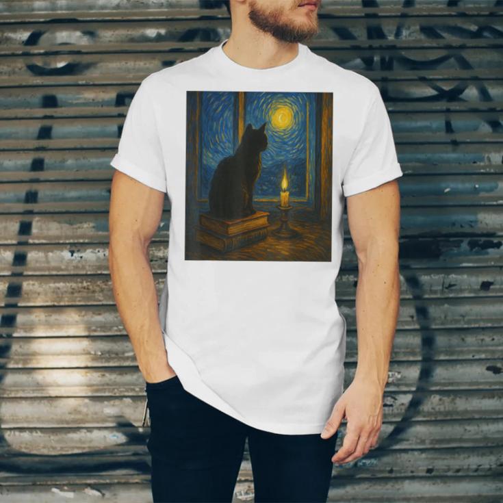 Van Gogh Starry Night Art Cat And Book Lovers Unisex Jersey T-Shirt Van Gogh Starry Night Art Cat And Book Lovers Unisex Jersey T-Shirt