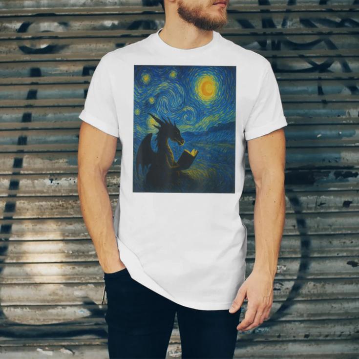 Van Gogh Starry Night Fantasy Reader Dragon Reading Book Unisex Jersey T-Shirt