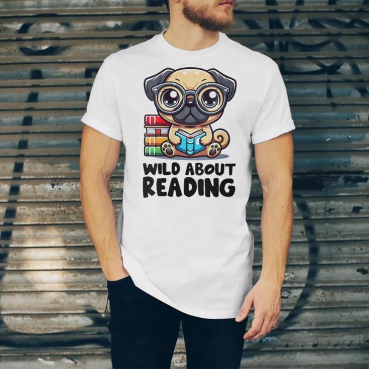 Wild About Reading Book Lover Pug Dog Unisex Jersey T-Shirt Wild About Reading Book Lover Pug Dog Unisex Jersey T-Shirt