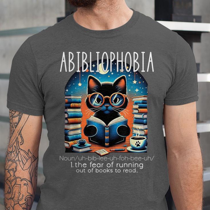 Abibliophobia Cat Reading Bookworm Reader Nerd For Men Women Girls Kids Unisex Jersey T-Shirt Abibliophobia Cat Reading Bookworm Reader Nerd For Men Women Girls Kids Unisex Jersey T-Shirt
