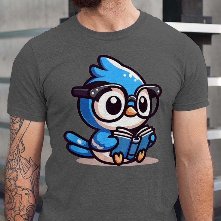 Adorable Book Lover Blue Jay With Reading Glasses Cute Unisex Jersey T-Shirt