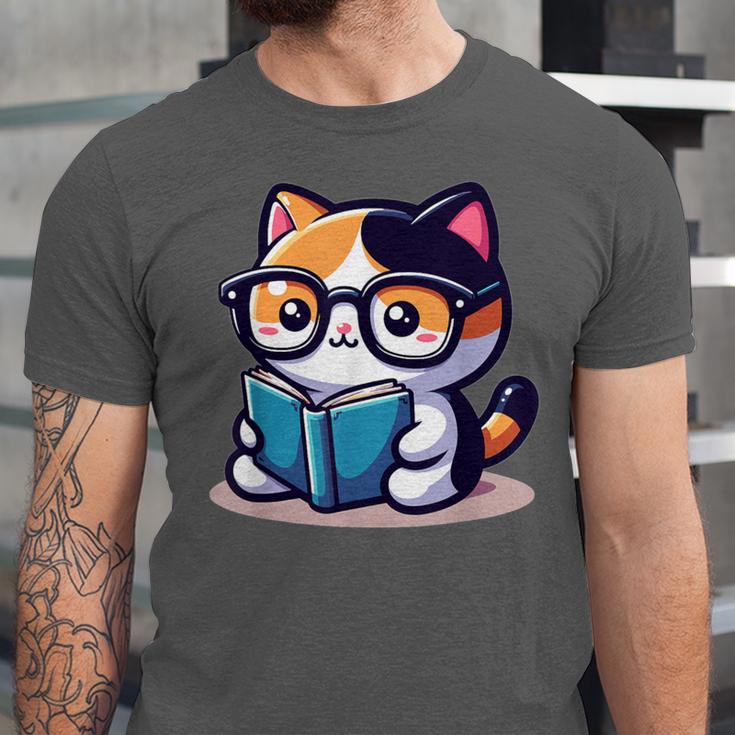 Adorable Book Lover Calico Cat With Reading Glasses Cute For Men Women Kids Unisex Jersey T-Shirt