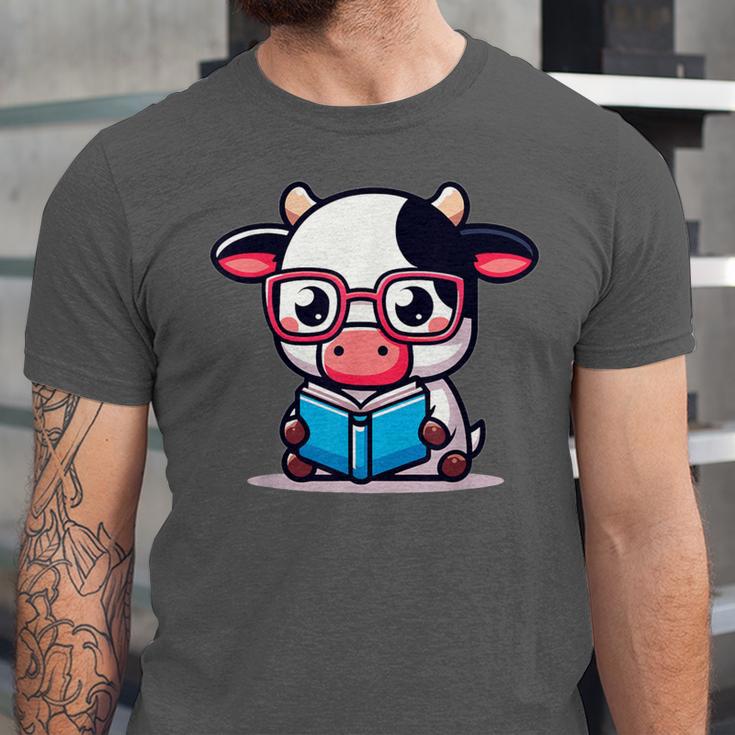 Adorable Book Lover Cow With Reading Glasses Cute Unisex Jersey T-Shirt