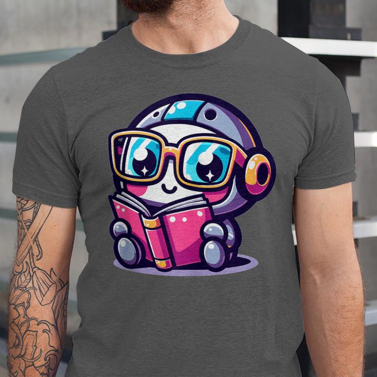 Adorable Book Lover Robot With Reading Glasses Cute Unisex Jersey T-Shirt
