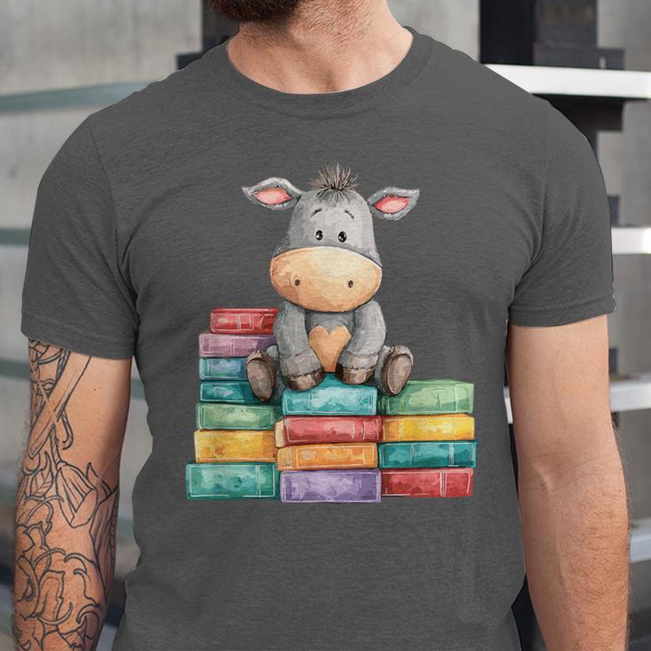 Adorable Donkey With Heart Sitting On Colorful Book Stack Unisex Jersey T-Shirt