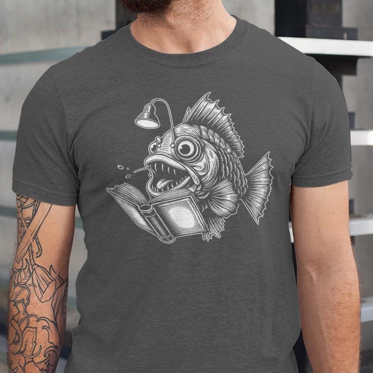 Anglerfish Reading Book Art Unisex Jersey T-Shirt