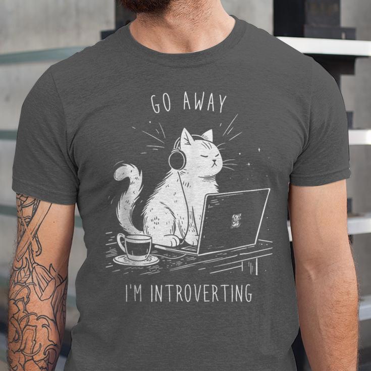 Antisocial Introvert Cat With Coffee On Computer Emo Goth Unisex Jersey T-Shirt