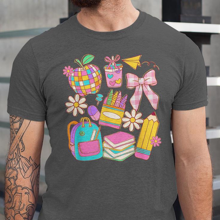 Apple Disco Pencil Books Bow Teacher Student Back To School Unisex Jersey T-Shirt