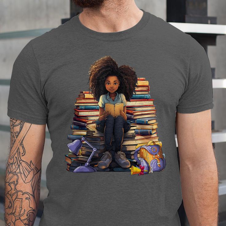 Back To School Afro Melanin Girl Reading Book Bookworm Unisex Jersey T-Shirt