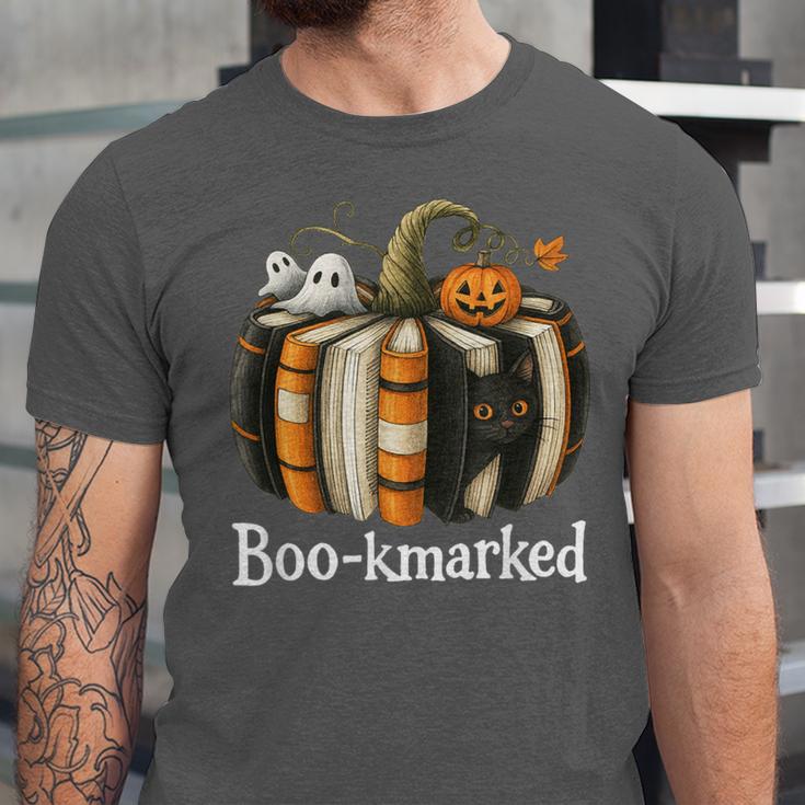 Boo-Kmarked Fall Pumpkin Books Halloween Teacher Teaching Unisex Jersey T-Shirt