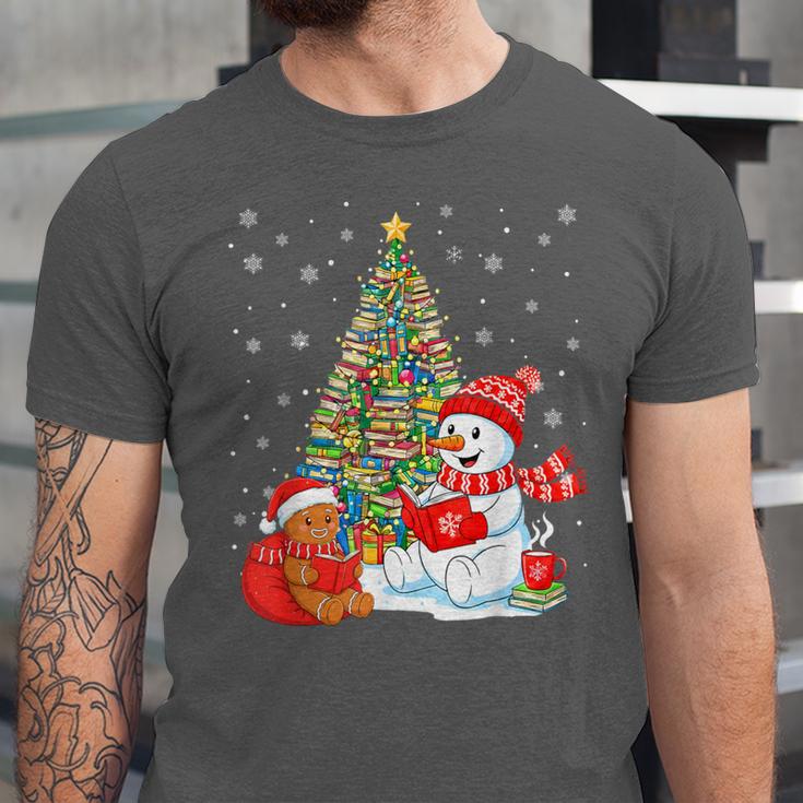 Book Christmas Tree Bookworm Gingerbread Man Snowman Reading Unisex Jersey T-Shirt Book Christmas Tree Bookworm Gingerbread Man Snowman Reading Unisex Jersey T-Shirt