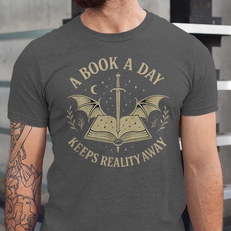 A Book A Day Keeps Reality Away Reading Escape Quote Unisex Jersey T-Shirt A Book A Day Keeps Reality Away Reading Escape Quote Unisex Jersey T-Shirt