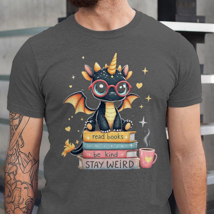 Book Lover Chibi Dragon With Big Red Glasses Bookworm Unisex Jersey T-Shirt