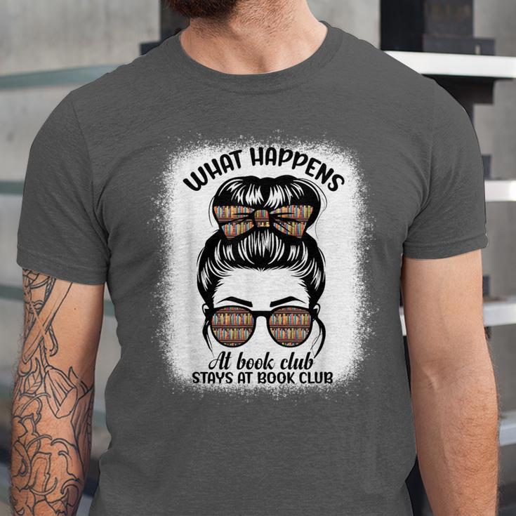 Book Lover What Happens At Book Club Stays Messy Bun Girls Unisex Jersey T-Shirt