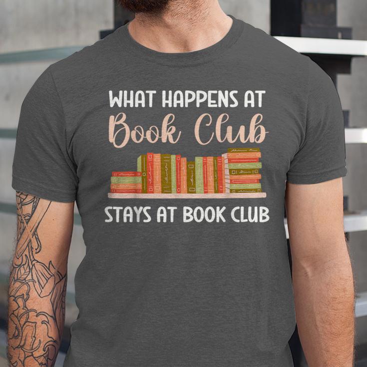 Book Lover Humor What Happens At Book Club Stays Unisex Jersey T-Shirt Book Lover Humor What Happens At Book Club Stays Unisex Jersey T-Shirt