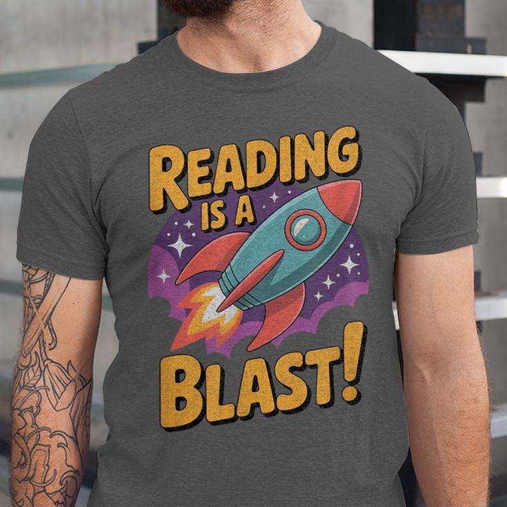 Book Lover Kids And Adults Reading Is a Blast Rocket Ship Unisex Jersey T-Shirt Book Lover Kids And Adults Reading Is a Blast Rocket Ship Unisex Jersey T-Shirt
