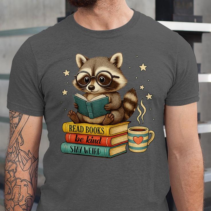 Book Lover Racoon Reading Bookish Library Read Books Be Kind Unisex Jersey T-Shirt