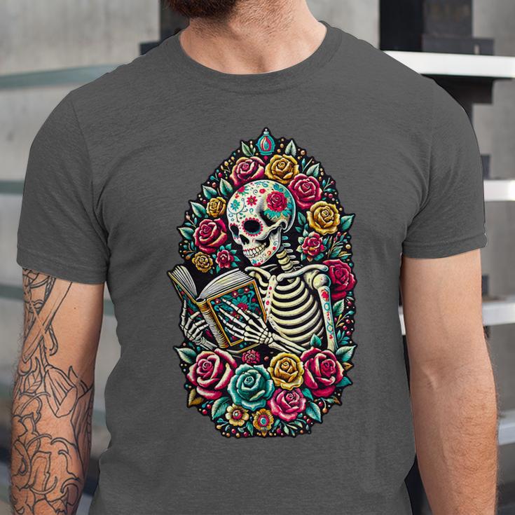 Book Lover Skeleton Reading With Dia De Los Muertos Flowers Unisex Jersey T-Shirt