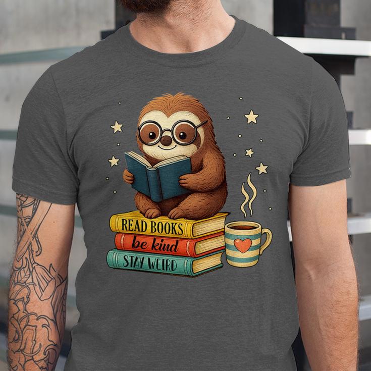 Book Lover Sloth Reading Bookish Library Read Books Be Kind Unisex Jersey T-Shirt