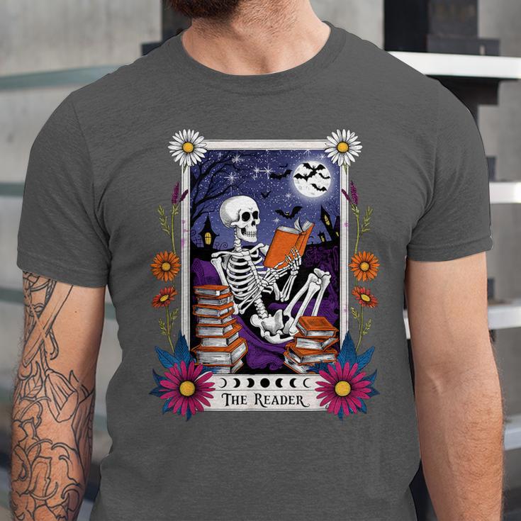 Book Lover Tarot Card The Reader Mystic Skeleton Unisex Jersey T-Shirt Book Lover Tarot Card The Reader Mystic Skeleton Unisex Jersey T-Shirt