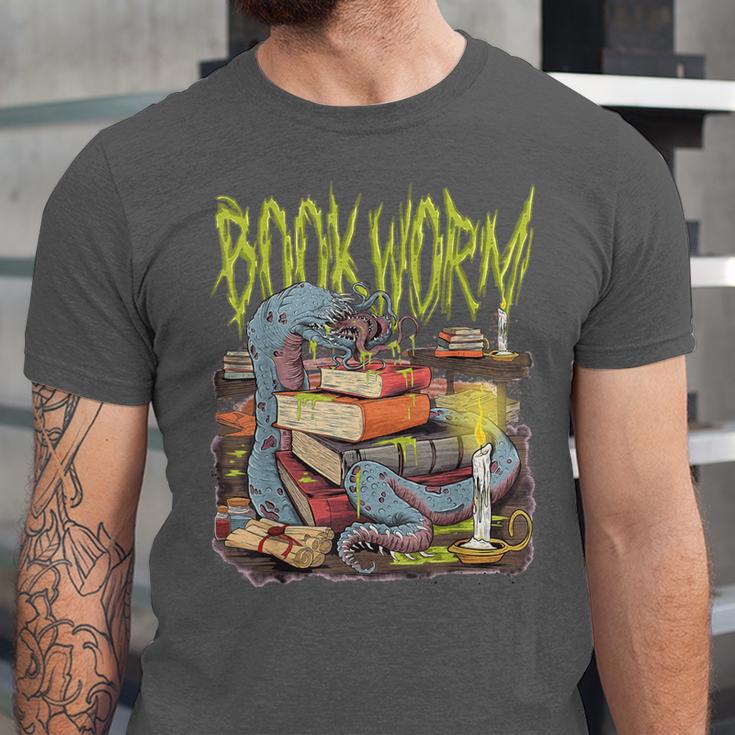 Graphic Book Worm Monster Horror Reading Book Lover Unisex Jersey T-Shirt