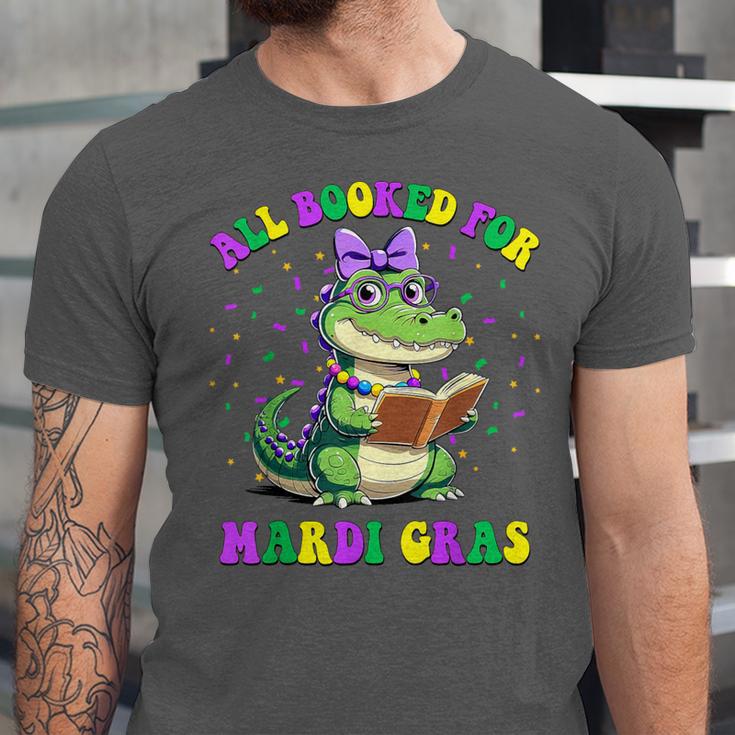 All Booked For Mardi Gras Crocodile Reading Book Teacher Unisex Jersey T-Shirt