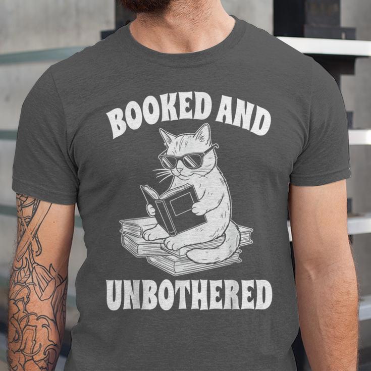 Booked And Unbothered Cat Reading Book Lovers Unisex Jersey T-Shirt