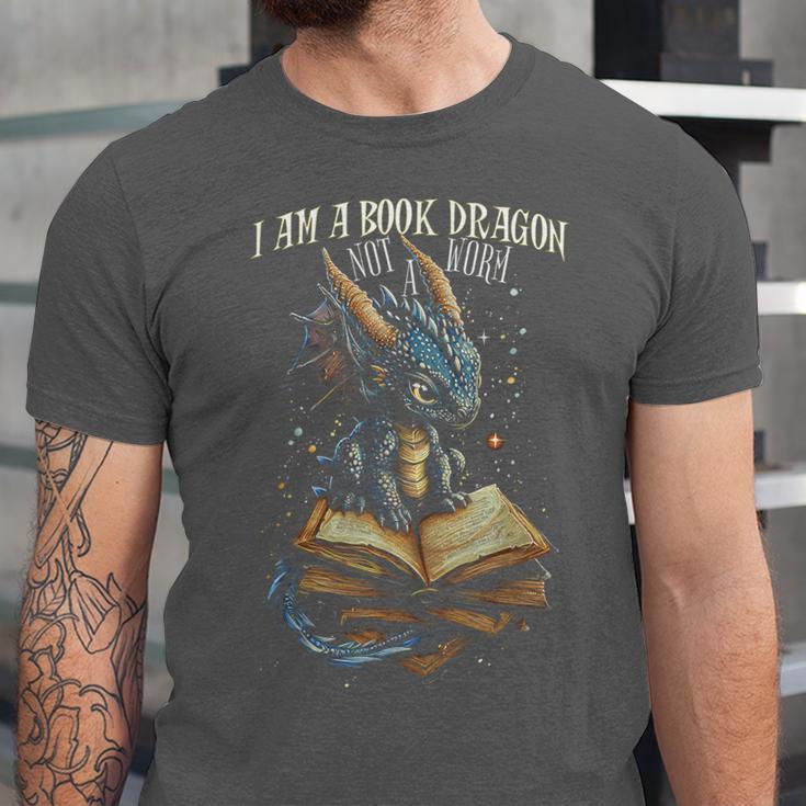 Bookish Quote I Am a Book Dragon Not a Worm Reading Book Unisex Jersey T-Shirt