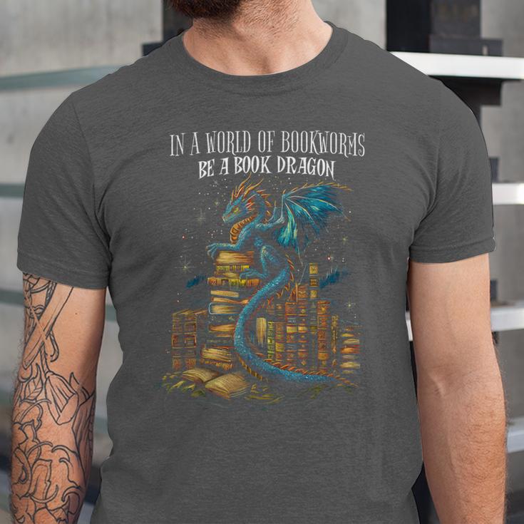 Bookish Quote In a World Of Bookworms Be a Book Dragon Unisex Jersey T-Shirt Bookish Quote In a World Of Bookworms Be a Book Dragon Unisex Jersey T-Shirt