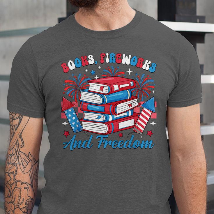 Books Fireworks And Freedom Independence Day Book Lover Unisex Jersey T-Shirt Books Fireworks And Freedom Independence Day Book Lover Unisex Jersey T-Shirt