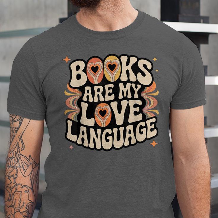 Books Are My Love Language Retro Groovy 70s Book Lover Unisex Jersey T-Shirt