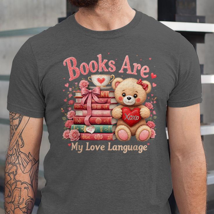 Books Are My Love Language Teddy Bear Book Lovers Valentine Unisex Jersey T-Shirt Books Are My Love Language Teddy Bear Book Lovers Valentine Unisex Jersey T-Shirt